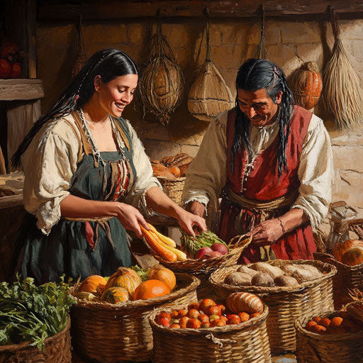 A pilgrim and a Native American serve the Thanksgiving meal