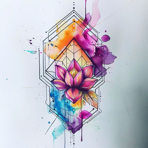 Elegant flat tattoo sketch with watercolor effects in a hexagonal frame