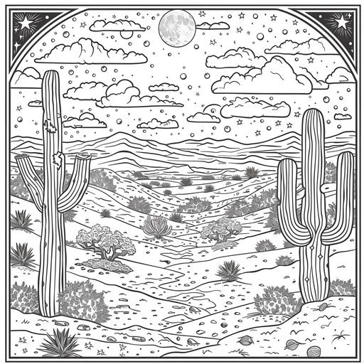 Ornate desert night scene with a full moon and stars. Coloring book page