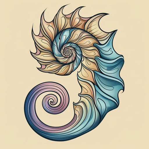 Exotic flat tattoo sketch of a seashell spiral, sandy beiges and ocean blues, clipart design
