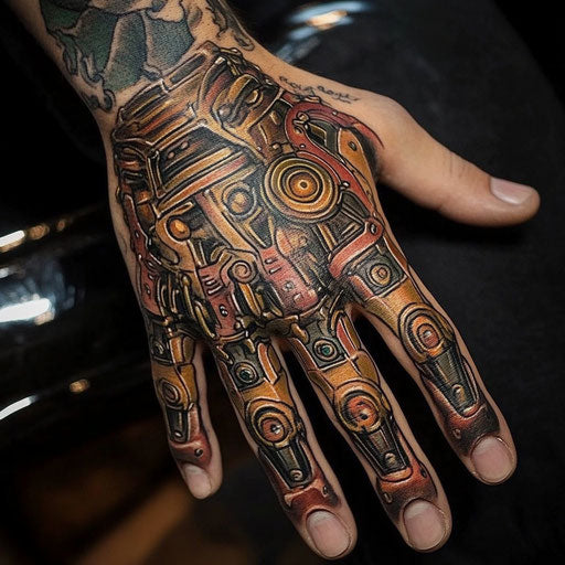 Cool hand tattoos of a steampunk-inspired mechanical hand