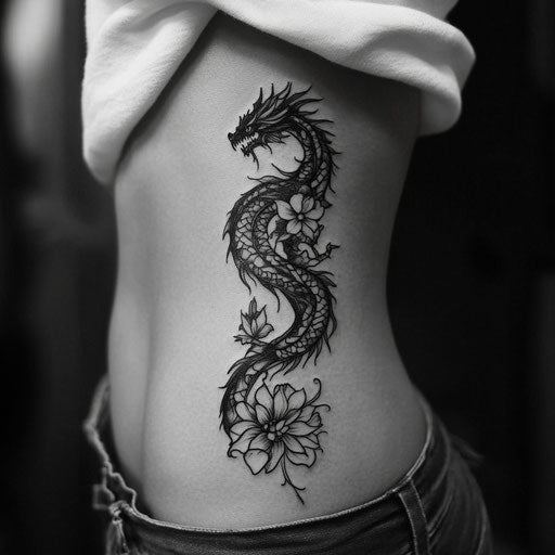 Rib tattoos women dragon tribal flowers Adrian Smith style