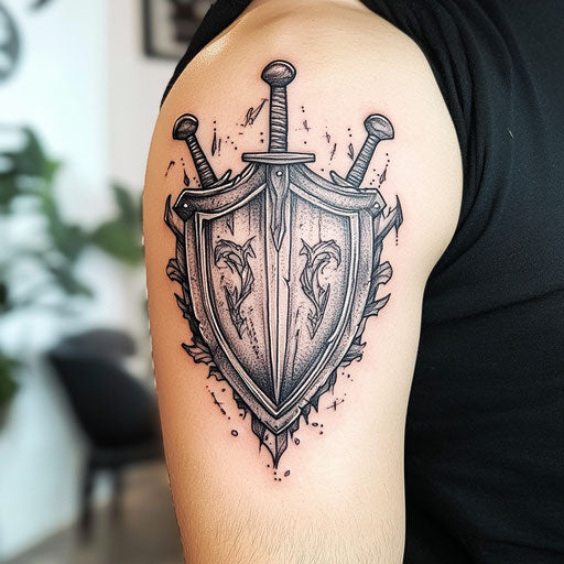 Men's upper arm tattoos with warrior shield and swords