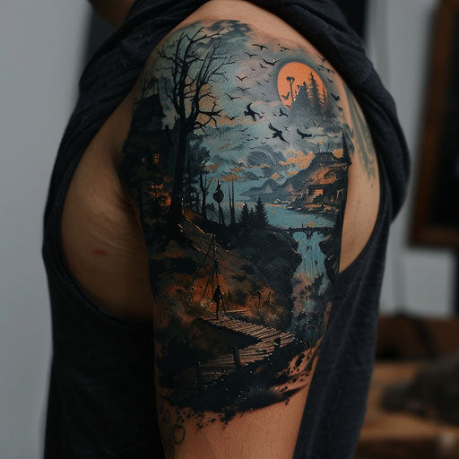 Tattoo symbolizing overcoming adversity in a dark, surreal landscape