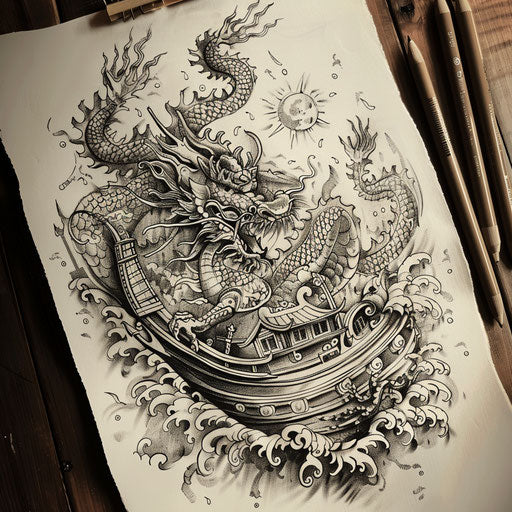 Exotic flat tattoo sketch of a boat with ornamental Asian dragon motifs