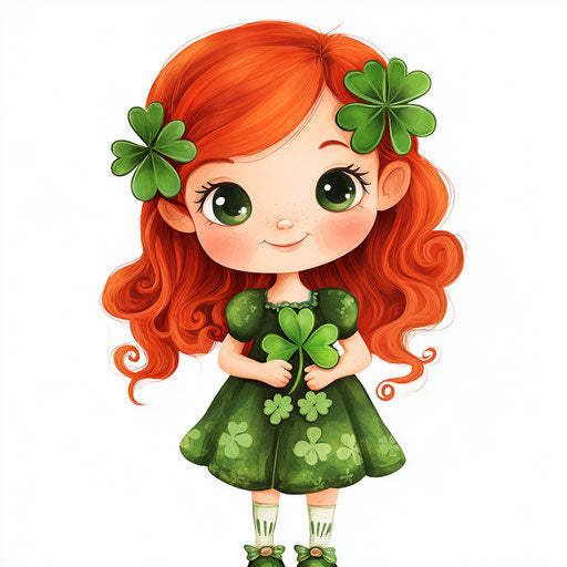 Cute Irish girl with red hair and green holding shamrocks