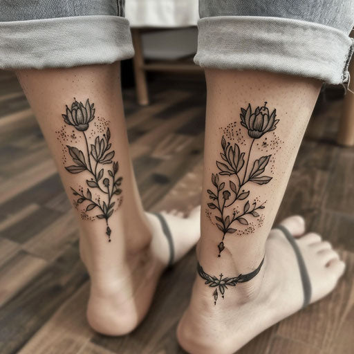 Matching sister tattoos of tribal flowers on the ankle