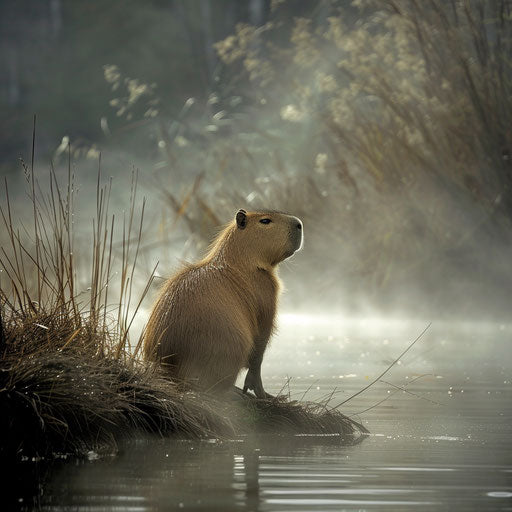 Capybara on riverbank, mist rising from water, Paul Souders style