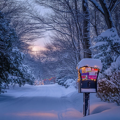 Snowy landscape, mailbox filled with Christmas cards