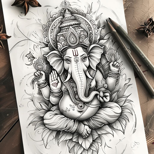 Intricate tattoo sketch of Ganesha, clipart style in black and white