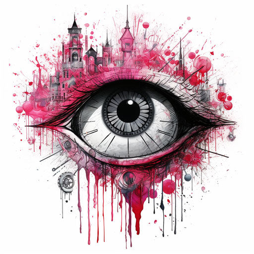 Eye on pink background with colorful splatters in black and white
