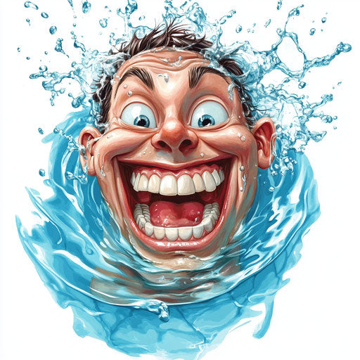 Humorous caricature of a swimming pool with human characteristics