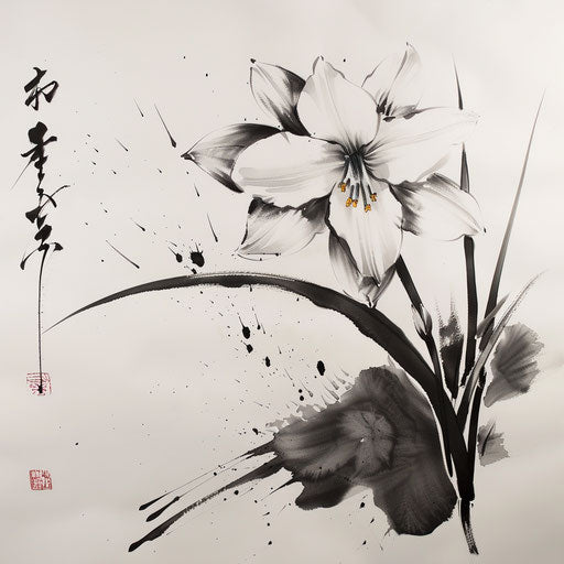 Japanese art style tattoo of narcissus flower with sumi-e on white paper