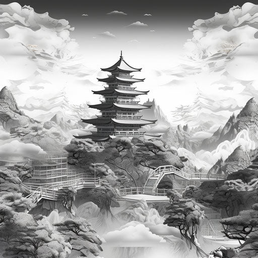 Black and white pagoda depicting mountains