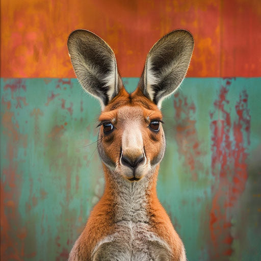 Red kangaroo with an inquisitive look on a playful background, Elke Vogelsang style