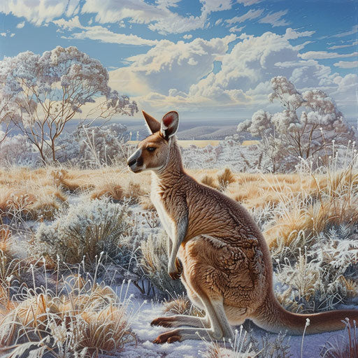 Red kangaroo in a snowy Australian landscape