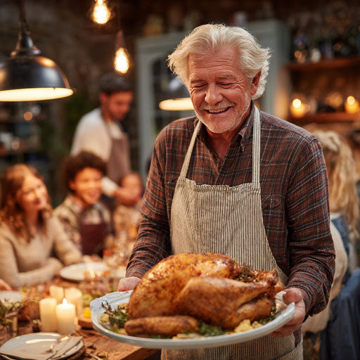 An elderly man presents a roasted turkey for family dinner