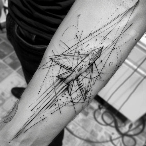 Whimsical tattoo sketch of a paper airplane with cartoonish features