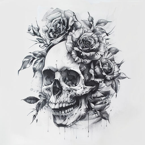 Skull and roses tattoo design with high contrast
