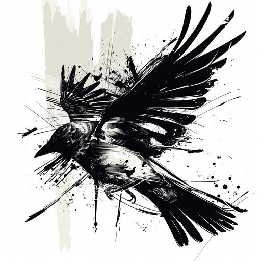Dynamic tattoo sketch of a soaring blackbird
