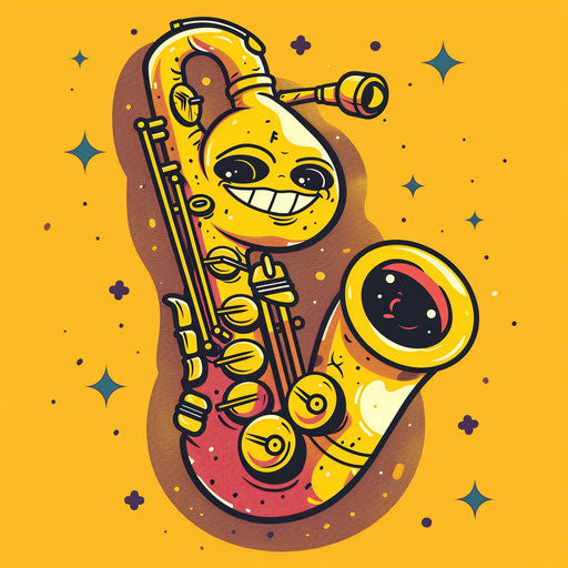 Whimsical sketch of a saxophone with cartoon eyes and smile