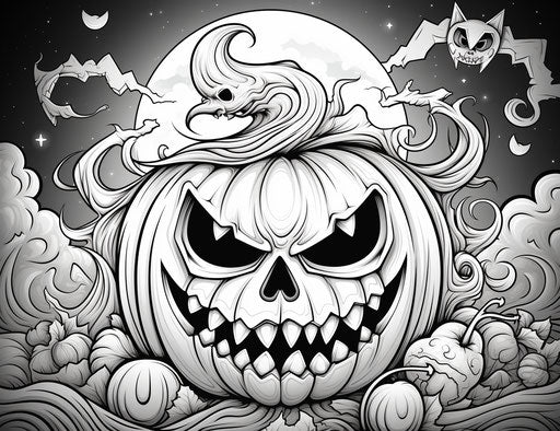 Halloween party coloring pages for kids with a jack-o'-lantern, in the style of detailed skies, matte photo, soft mist, cosmic jester, shaped canvas, precisionist lines, high resolution 31:24
