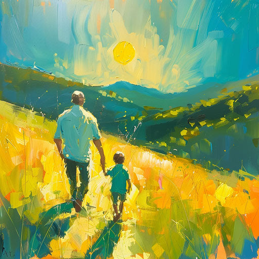 Modern design of father and son, Blue Ridge mountains, summer vibe, bright cold summer colors
