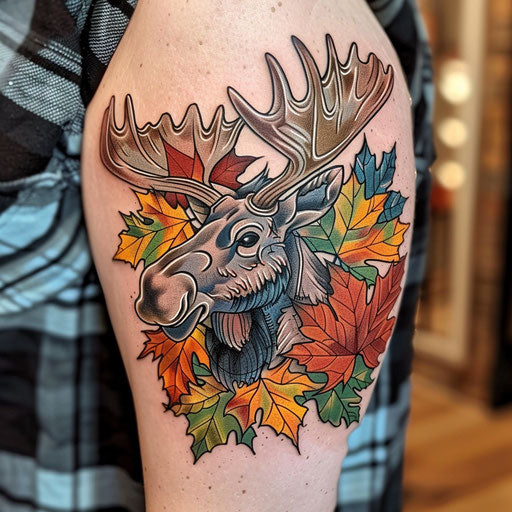 Vibrant flat tattoo sketch of a moose with colorful autumn leaf motif