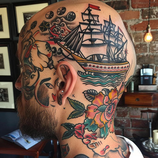 Head tattoos with nautical themes, in the style of Sailor Jerry