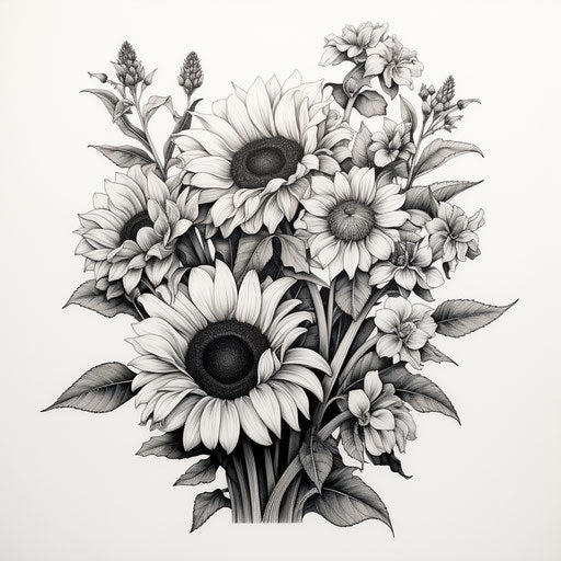 Black and white drawing of sunflowers, minimalist style