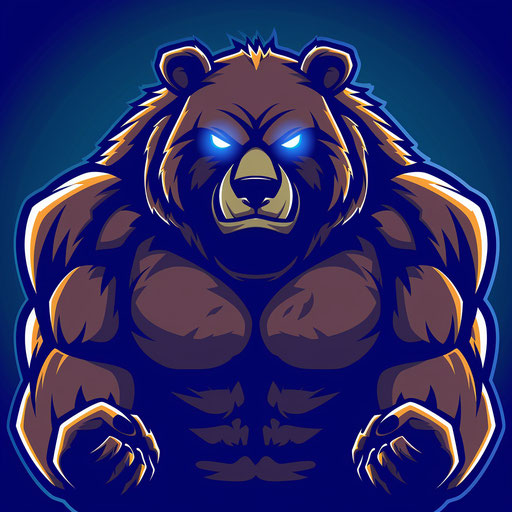 Powerful mascot logo with a muscular bear on deep blue background