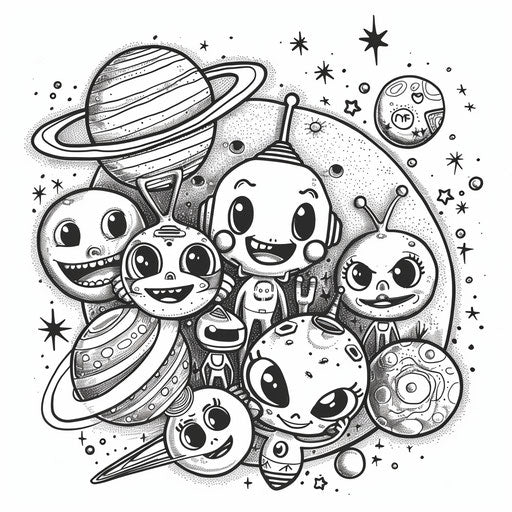 Playful planets with aliens in Butch Hartman's style