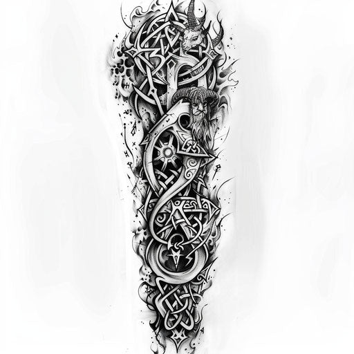 Tattoo sketch of symbols and runes of Norse mythology, full sleeve for men