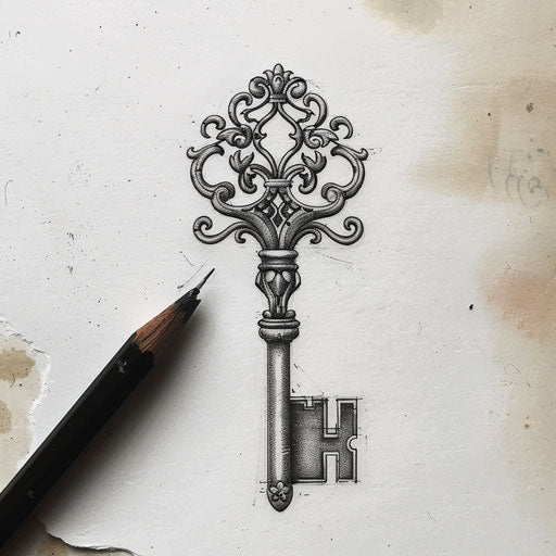 Stylized flat tattoo of micro realism antique key with metalwork