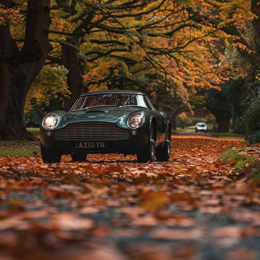 Vintage patina Aston Martin DB7 Zagato in a classic car rally, surrounded by autumn foliage
