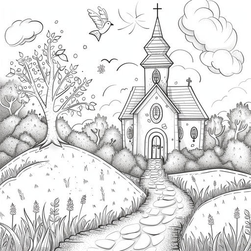 Whimsical church on a hill with a path leading up to it