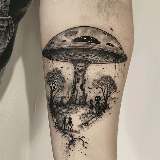 Horror-themed UFO tattoo with spooky alien figures
