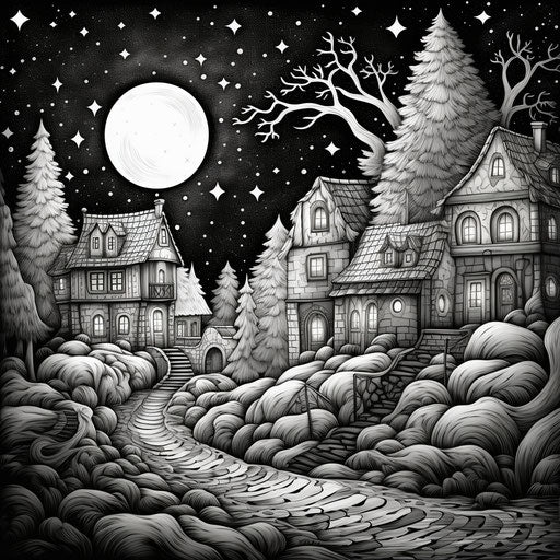 Christmas Village: Serene black and white pastoral scene