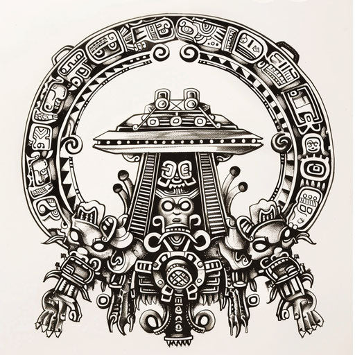 Mayan-inspired UFO tattoo combining ancient symbols and tribal art on white canvas
