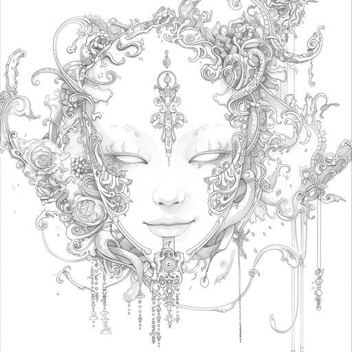Magical fantasy mask with enchanting elements, Mamoru Hosoda style, coloring page