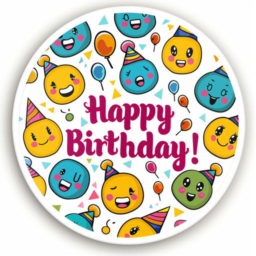 Happy Birthday! Celebration with emoji faces.