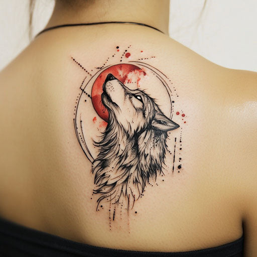 Stylized wolf howling at the moon tattoo on back shoulder