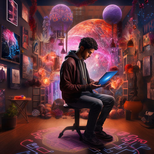 Young artist drawing on digital tablet with virtual gallery