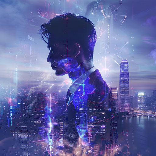 Businessman in midjourney with dynamic cityscape background