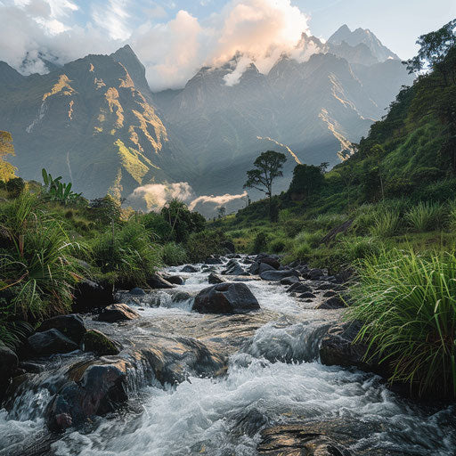 The Ruwenzori Mountains with a river in the foreground