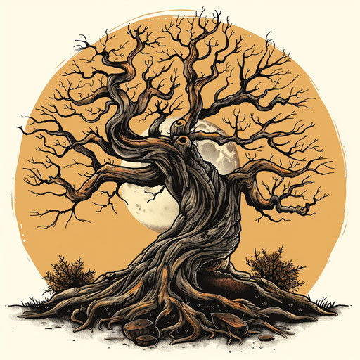 Rustic tattoo sketch of ancient tree with wide roots, earth tones, clipart style