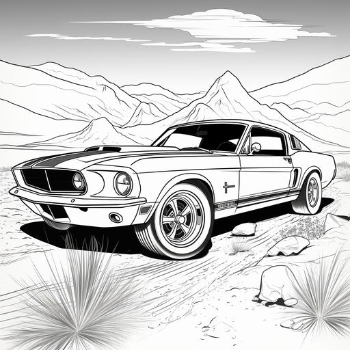 Vintage comic style coloring page of Ford Mustang