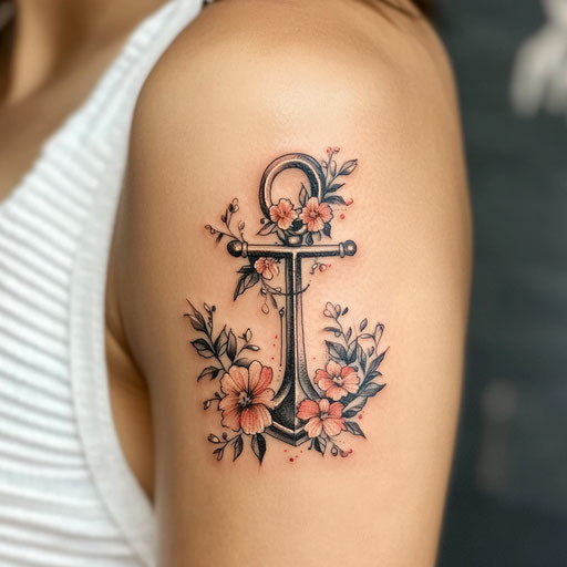 Feminine tattoos with an anchor surrounded by flowers, Sailor Jerry style