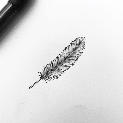 Whimsical flat tattoo sketch of a micro realism feather