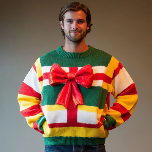 Ugly sweater designed as a wrapped gift with a giant bow